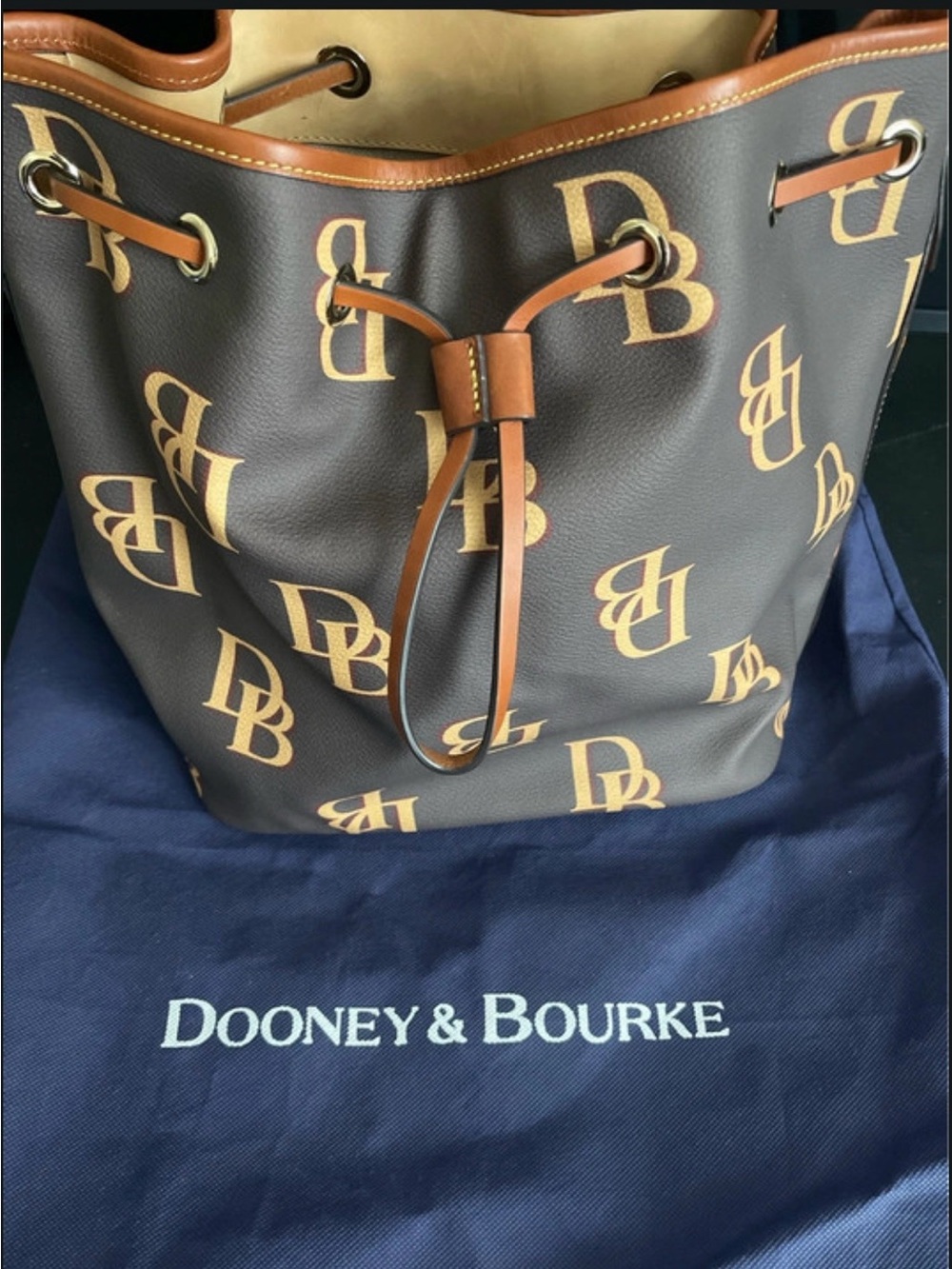 Dooney & Bourke Brown and Tan Logo Drawstring Bucket Tote